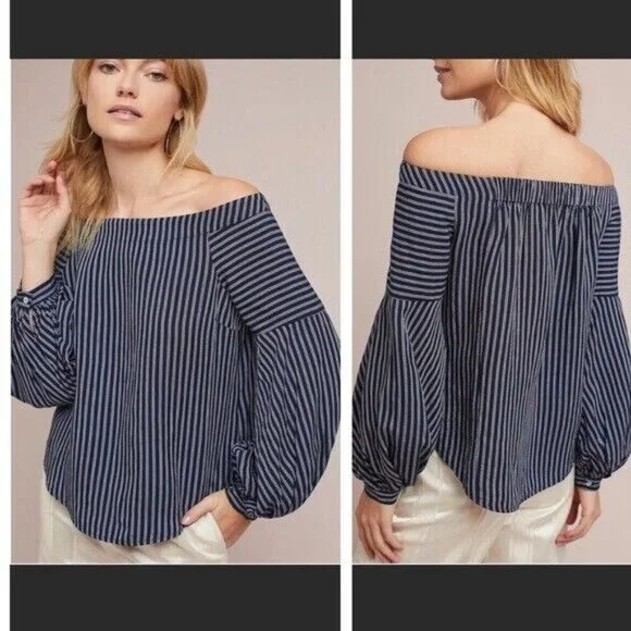 Anthropologie Maeve Clotille Navy & White Striped Off-the-Shoulder LS Top Sz 4 - Picture 6 of 10